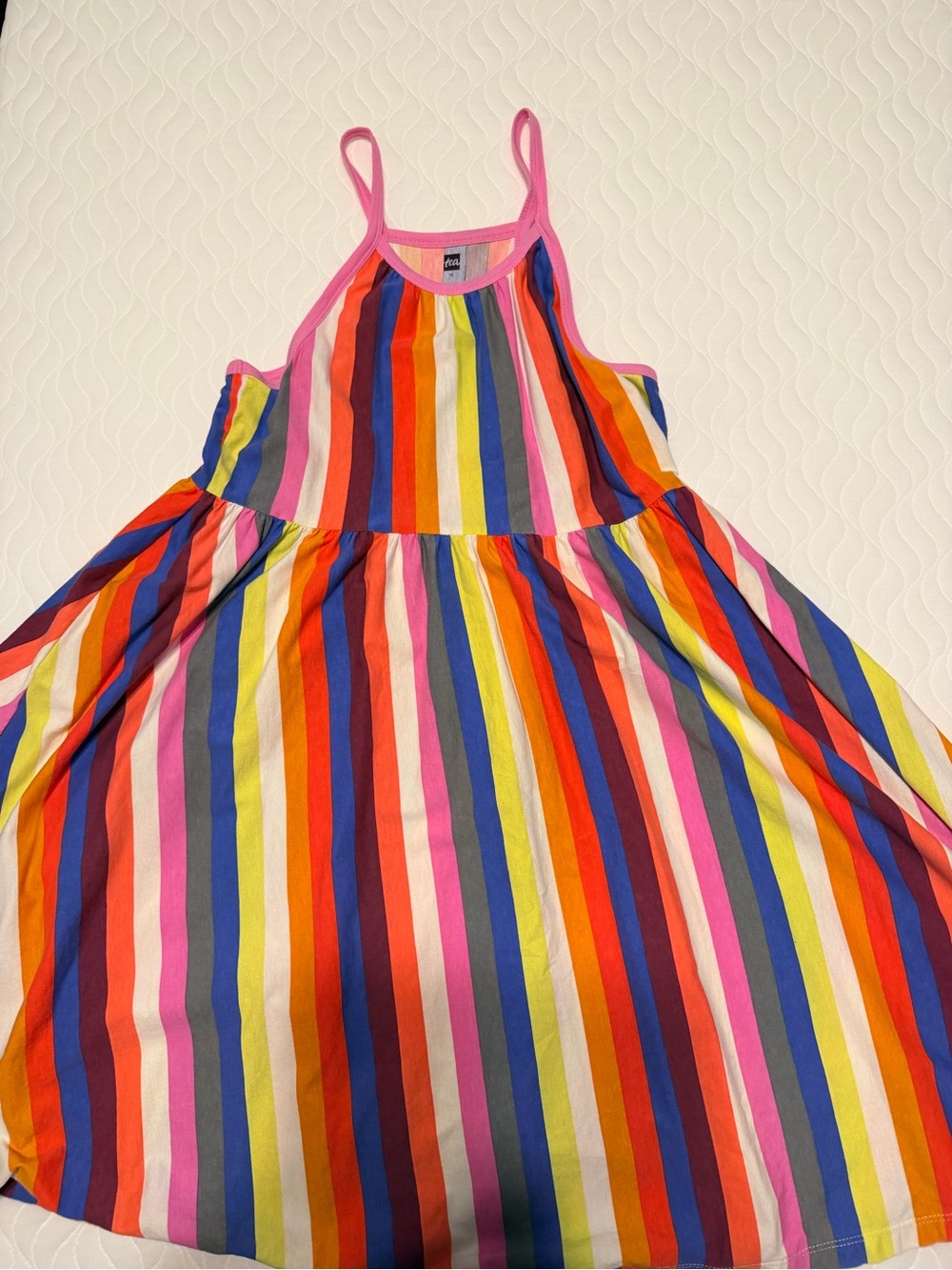 Tea Collection Multicolor Vertical Stripe Dress with Pink Trim
